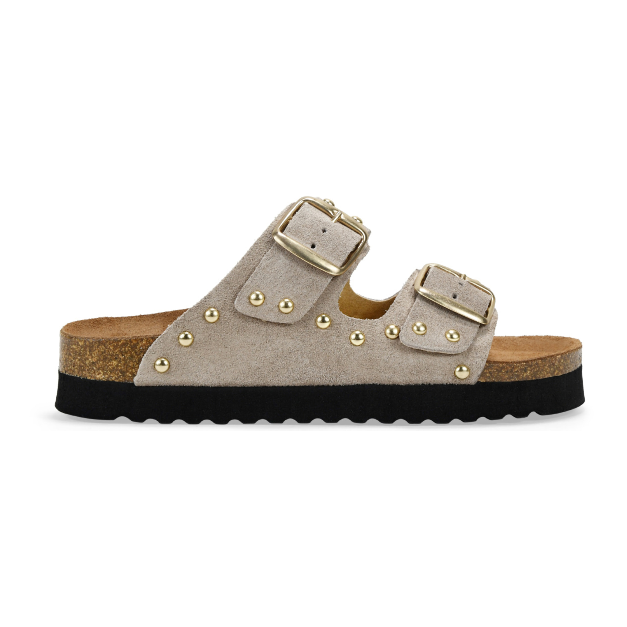 Sandalias de plataforma piedra en piel con hebillas y tachas metálicas