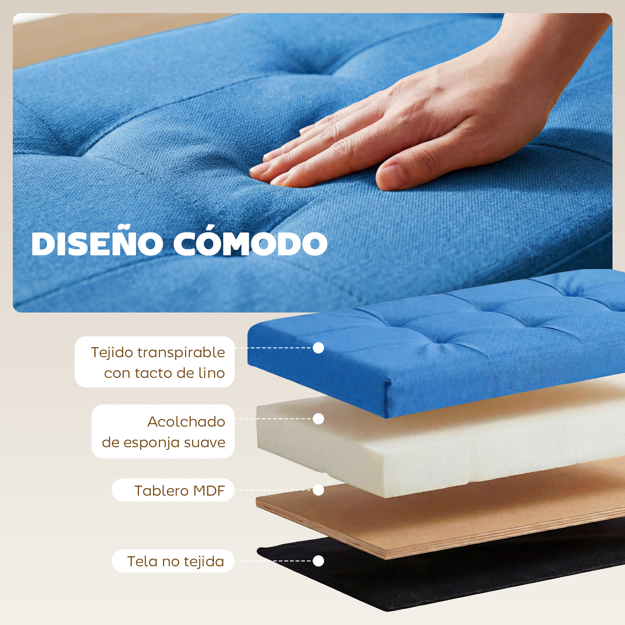 Puff Almacenaje, Banco Almacenaje Plegable, 84 L, 76x38x38 cm, Tapizado en Lino Sintético, Baúl de Almacenamiento, Carga 120 kg, Taburete para Sala de Estar, Dormitorio, Entrada, Azul Claro