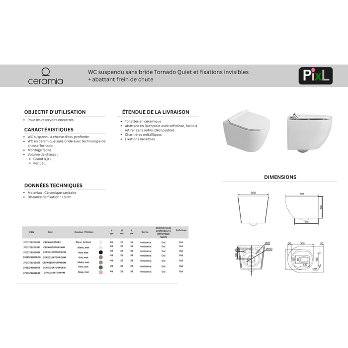 PixL WC suspendu en céramique sans bride Tornado Quiet et fixations invisibles + abattant frein de chute, blanc (CEPX010RTORPWM)