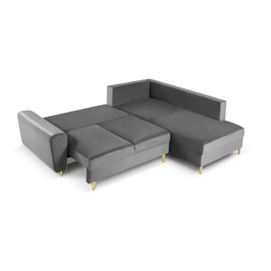 Canapé d'angle droit convertible avec coffre de rangement "Kyoto" 5 places en velours gris clair