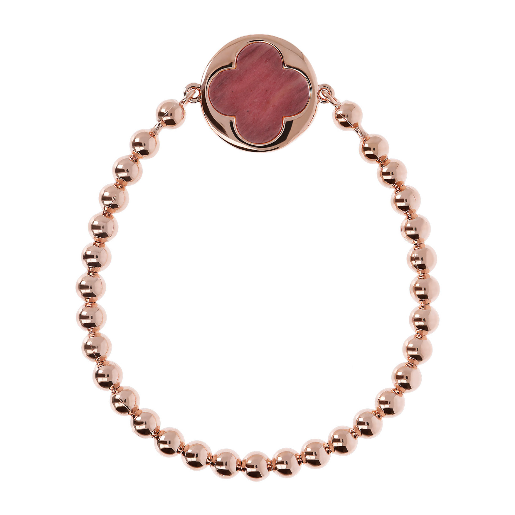 Bracciale a Sfere Golden con Ciondolo Quadrifoglio in Quarzite Rossa Placcato Oro Rosa 18kt