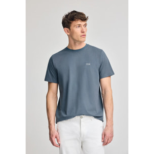 Maglietta blu denim basic a girocollo con particolare ricamato