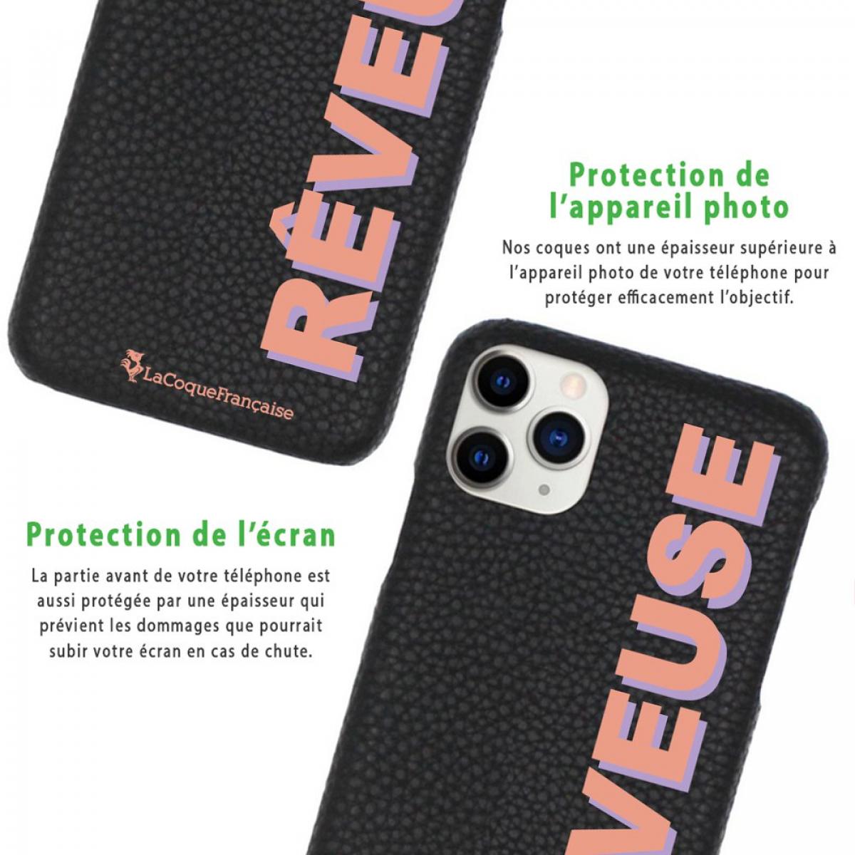 Coque iPhone 11 Pro effet cuir grainé noir Rêveuse corail et parme Design La Coque Francaise