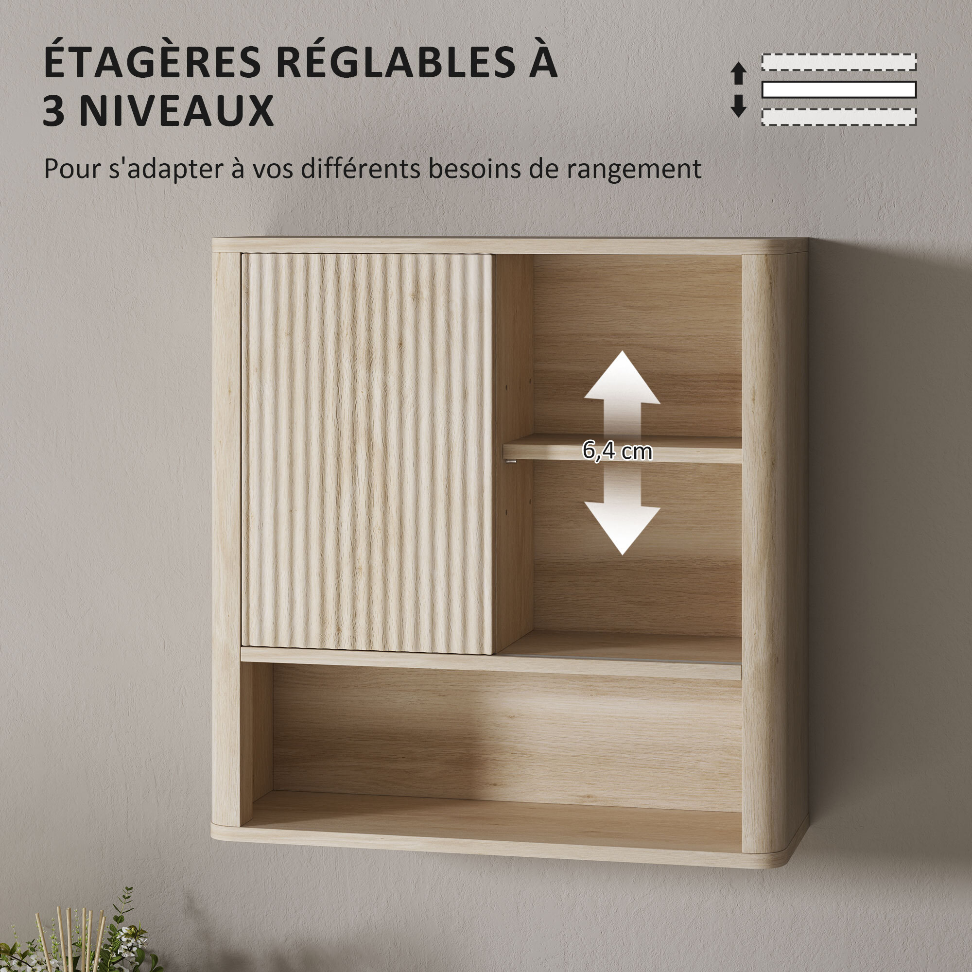 Armoire murale de salle de bain style bohème chic - porte coulissante, étagère, niche - effet bois clair
