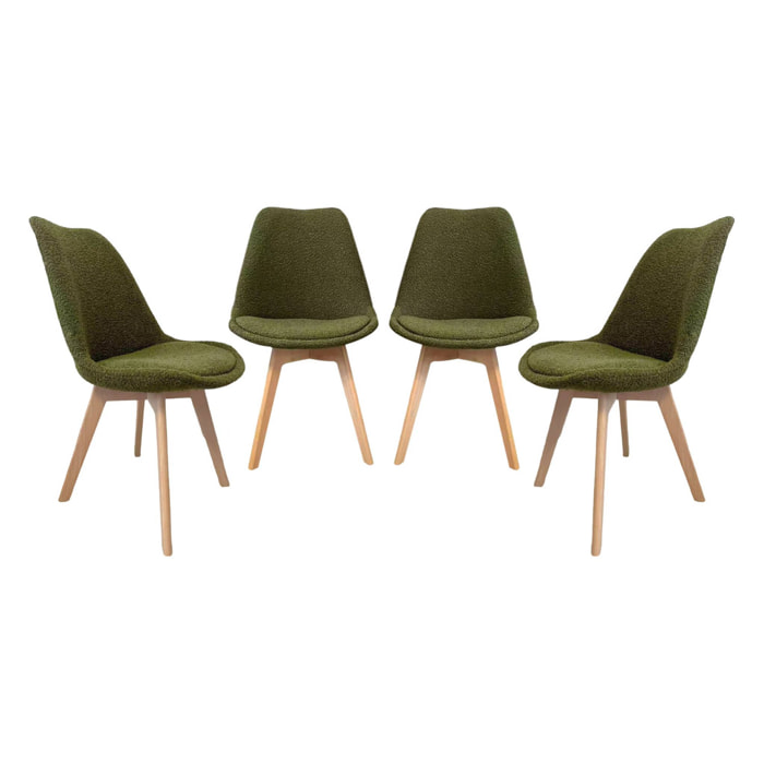 Lot de 4 chaises scandinaves revêtement bouclette texturée kaki. pieds bois de hêtre - Nils