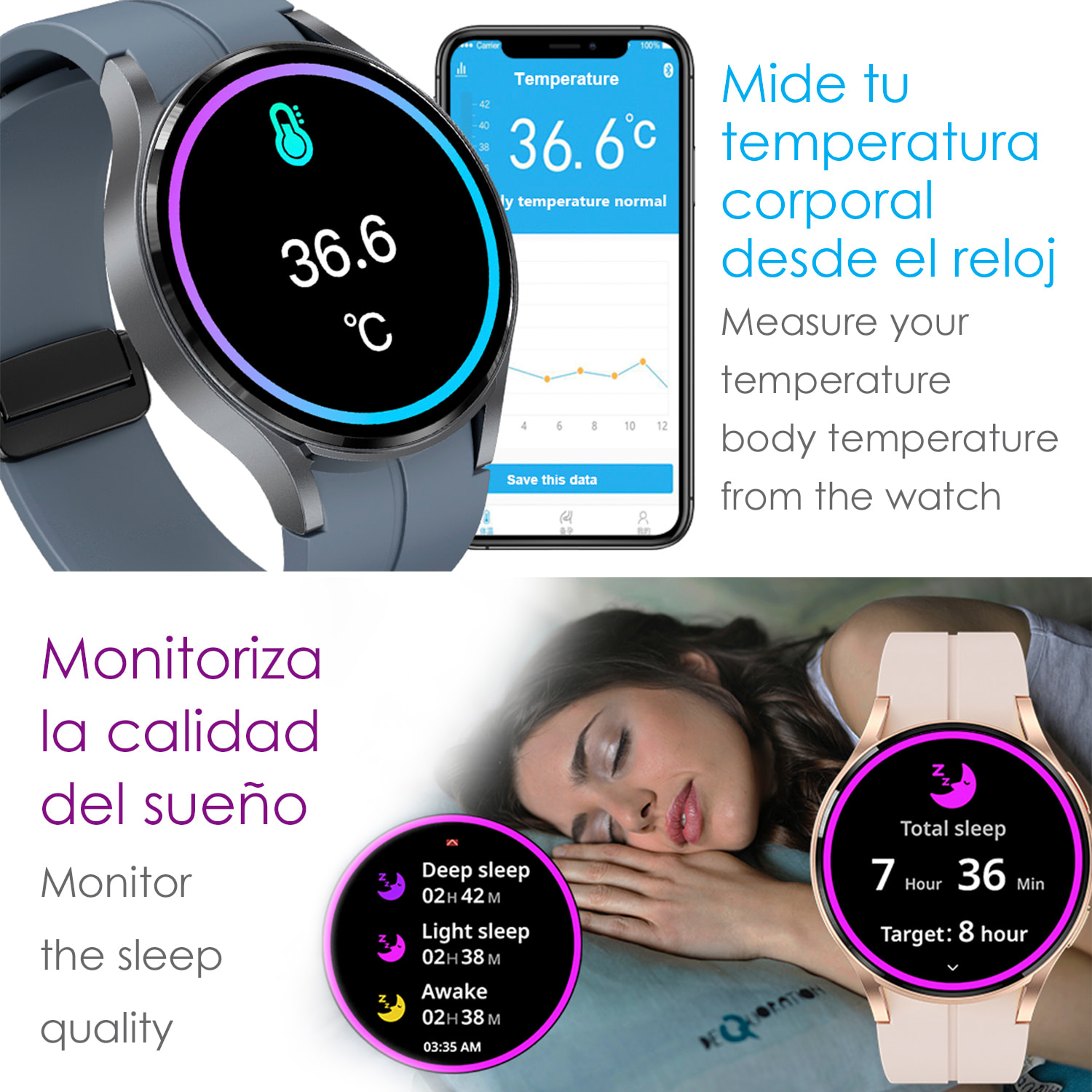 DAM Smartwatch R6 Pro Max, pantalla AMOLED, +100 modos deportivos. Llamadas BT, notificaciones push. Monitor glucosa en sangre. 4,15x1,1x4,9 Cm. Color: Negro