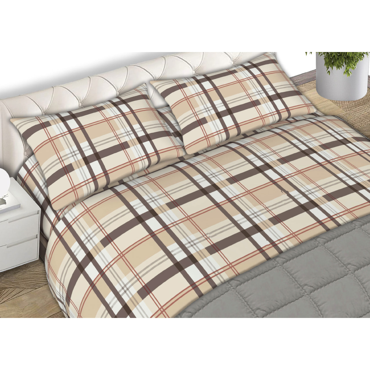 Completo Lenzuola In Flanella Plaid Beige CN Misura Letto Matrimoniale