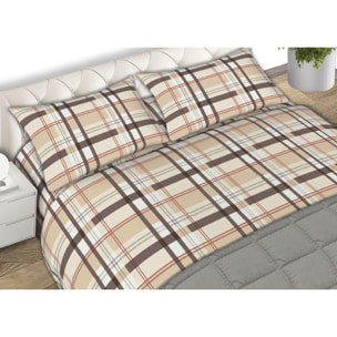Completo Lenzuola In Flanella Plaid Beige CN Misura Letto Matrimoniale