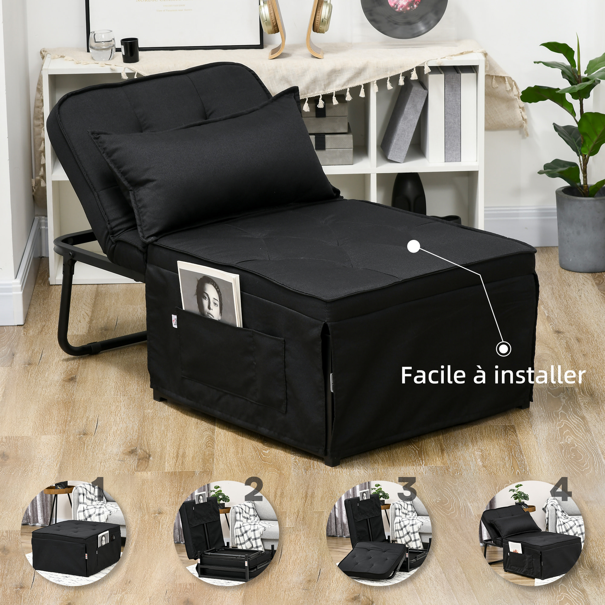 Fauteuil chaise longue lit pouf 4 en 1 dossier inclinable 5 niveaux repose-pied rabattable châssis acier noir tissu noir