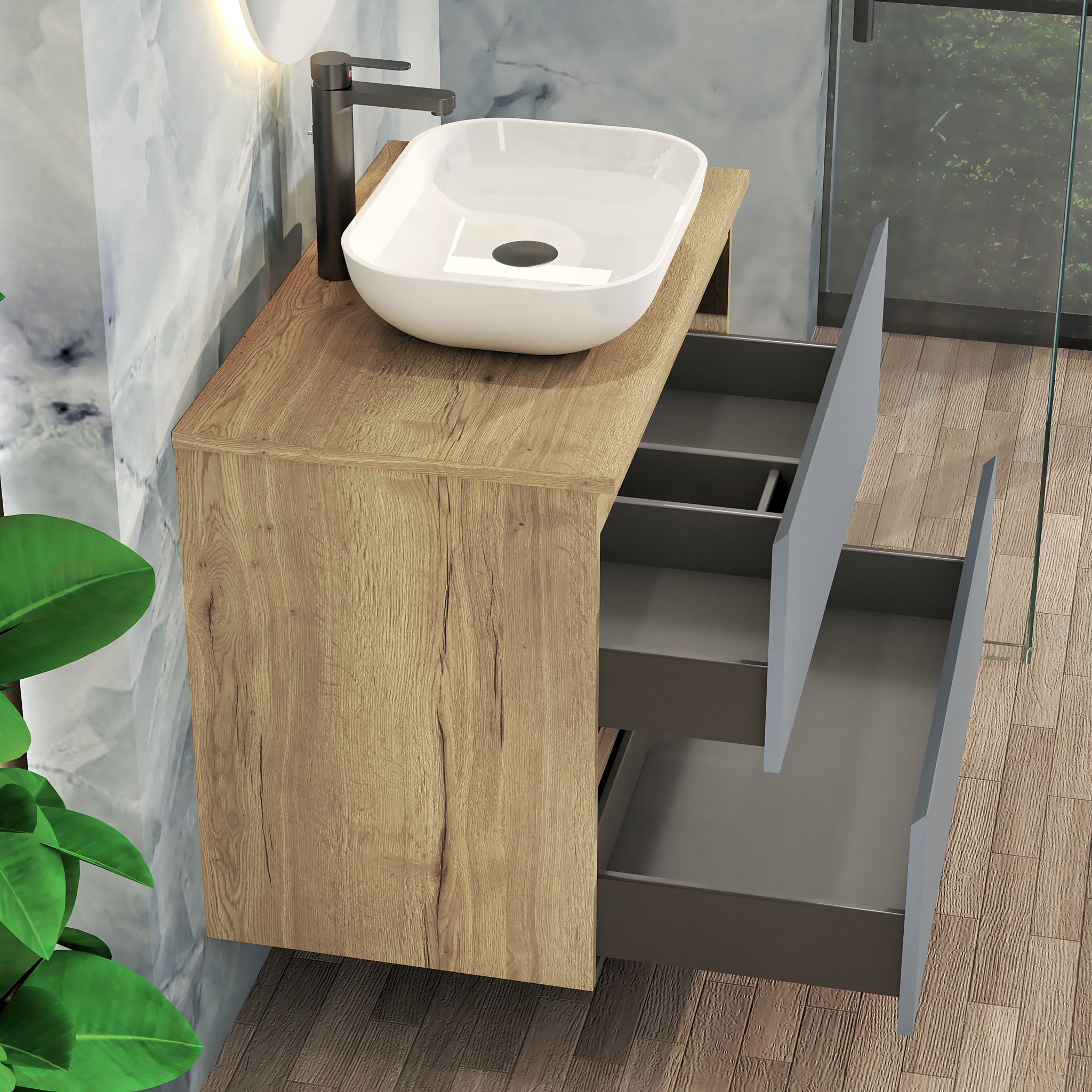 CONJUNTO DE BAÑO NIA | MUEBLE SUSPENDIDO | 80 CM AZUL | DOS CAJONES | LAVABO SOBREPUESTO | NO INCLUYE ESPEJO | MUEBLE MONTADO| ALDAY