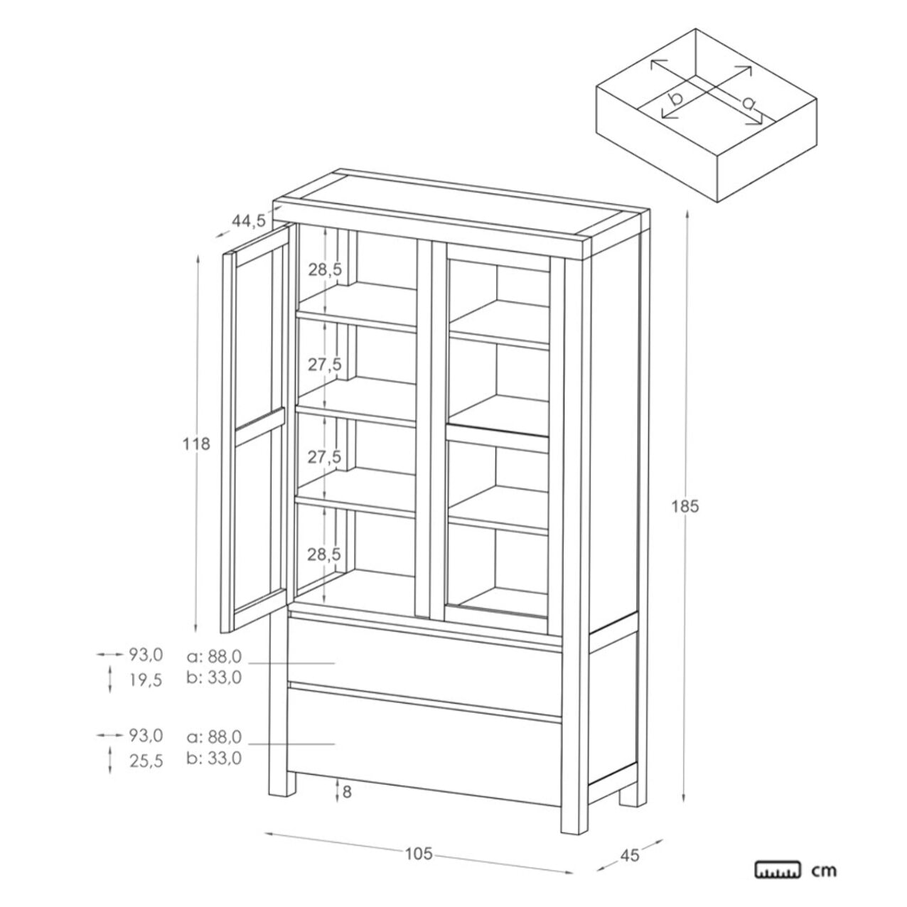 Vitrine Liland -bois massif et panneau de mdf-couleur laqué blanc mat 105 x 185 x 45 cm