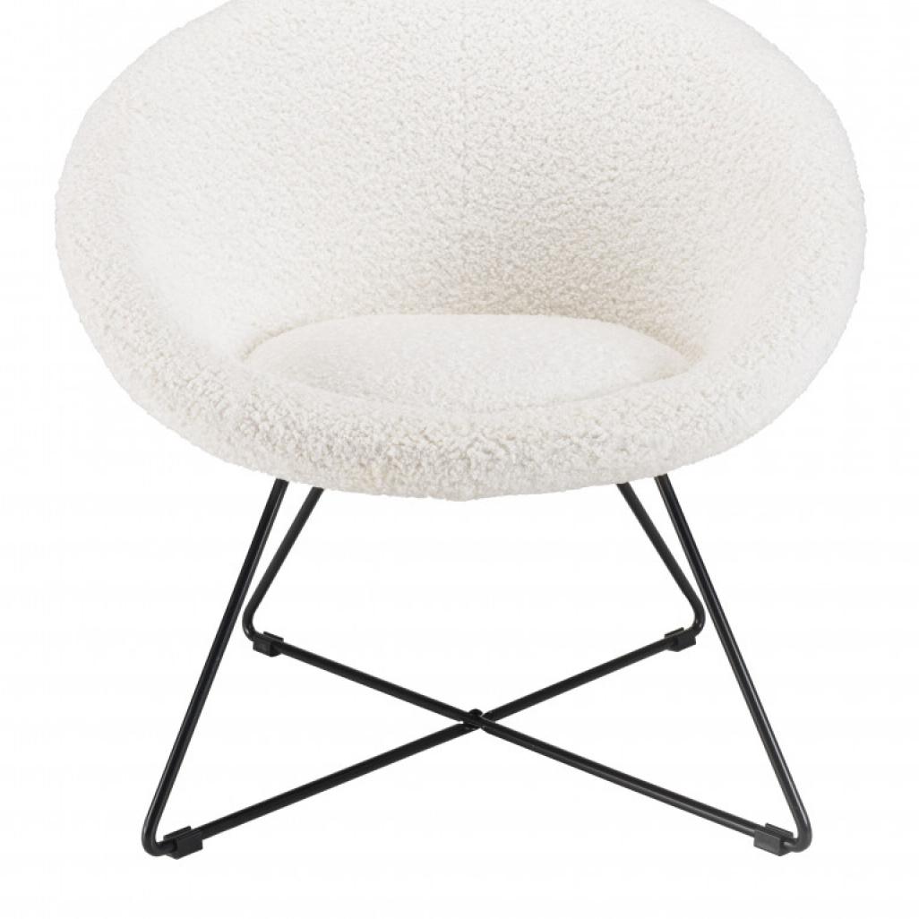 ALBANE - Fauteuil tissu bouclette blanc pieds croisés métal noir