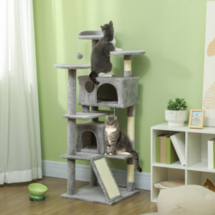 Arbre à chat 2 niches grattoir griffoirs plate-formes 2 niches 2 jouets pompons peluche grise