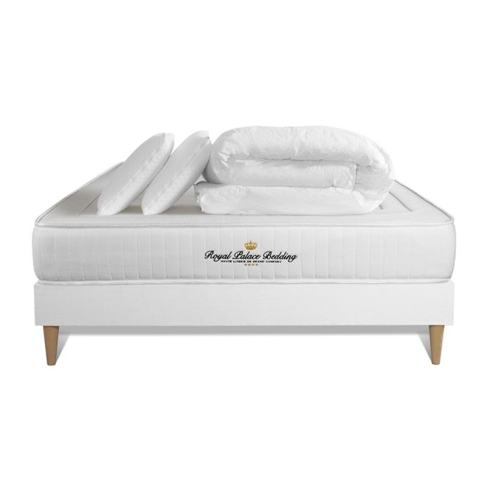 Pack prêt à dormir matelas LANCASTER ressorts ensachés et mémoire de forme + sommier kit blanc + Couette + 2 oreillers