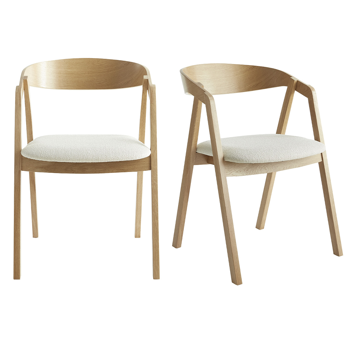 Chaises scandinaves empilables en bois clair chêne et tissu effet laine bouclée blanc cassé (lot de 2) LOVA