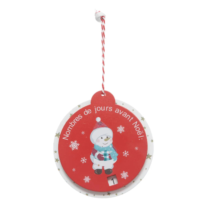 Décoration de sapin en bois calendrier bonhomme de neige rouge 10cm