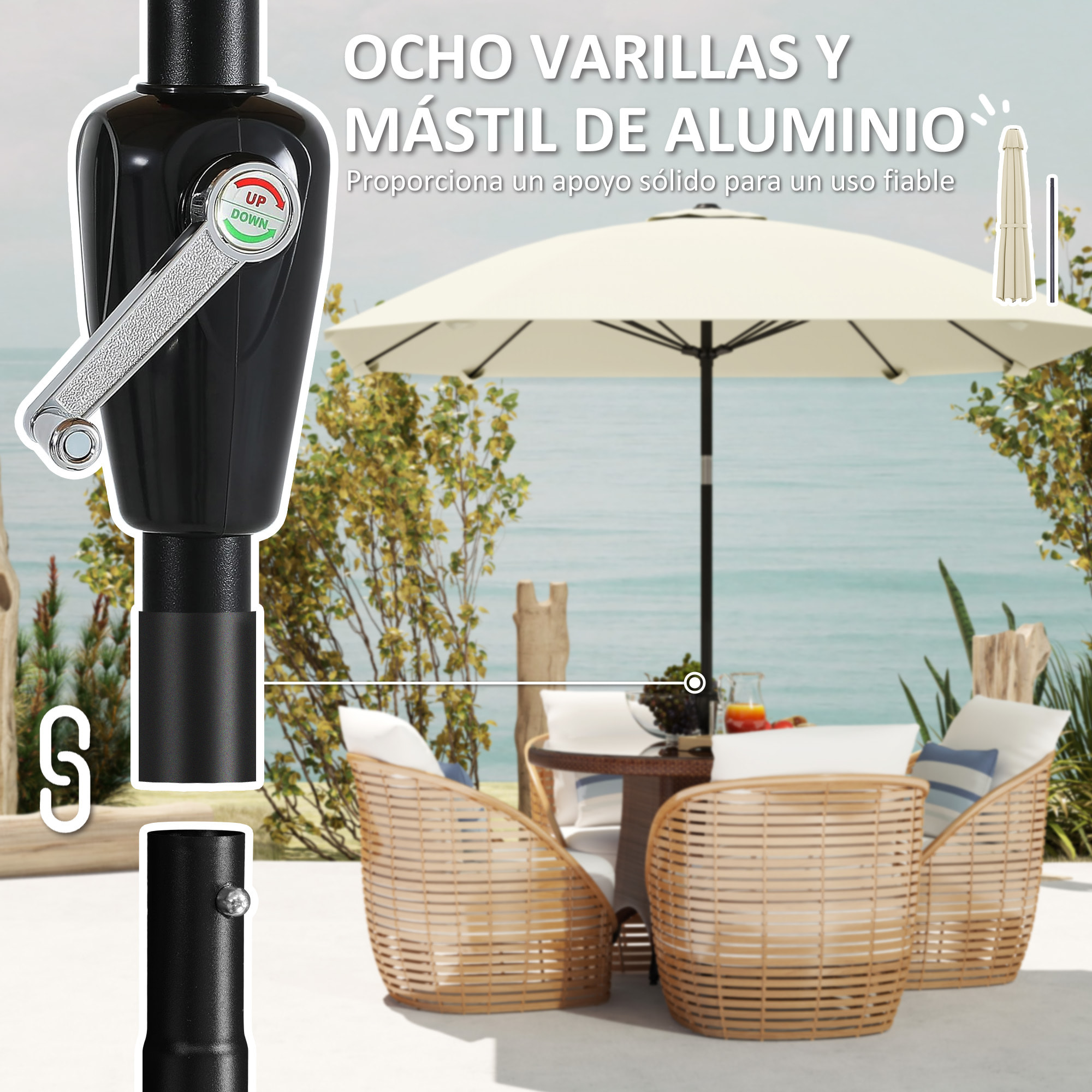 Sombrilla Terraza Exterior 233x233 cm Sombrilla de Jardín con ángulo Ajustable Impermeable Poste de Aluminio Varillas de Fibra de Vidrio y Manivela Parasol para Patio Terraza Crema