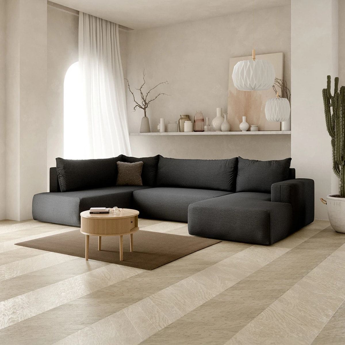 NALA - Canapé panoramique gauche 5 places en tissu gris foncé