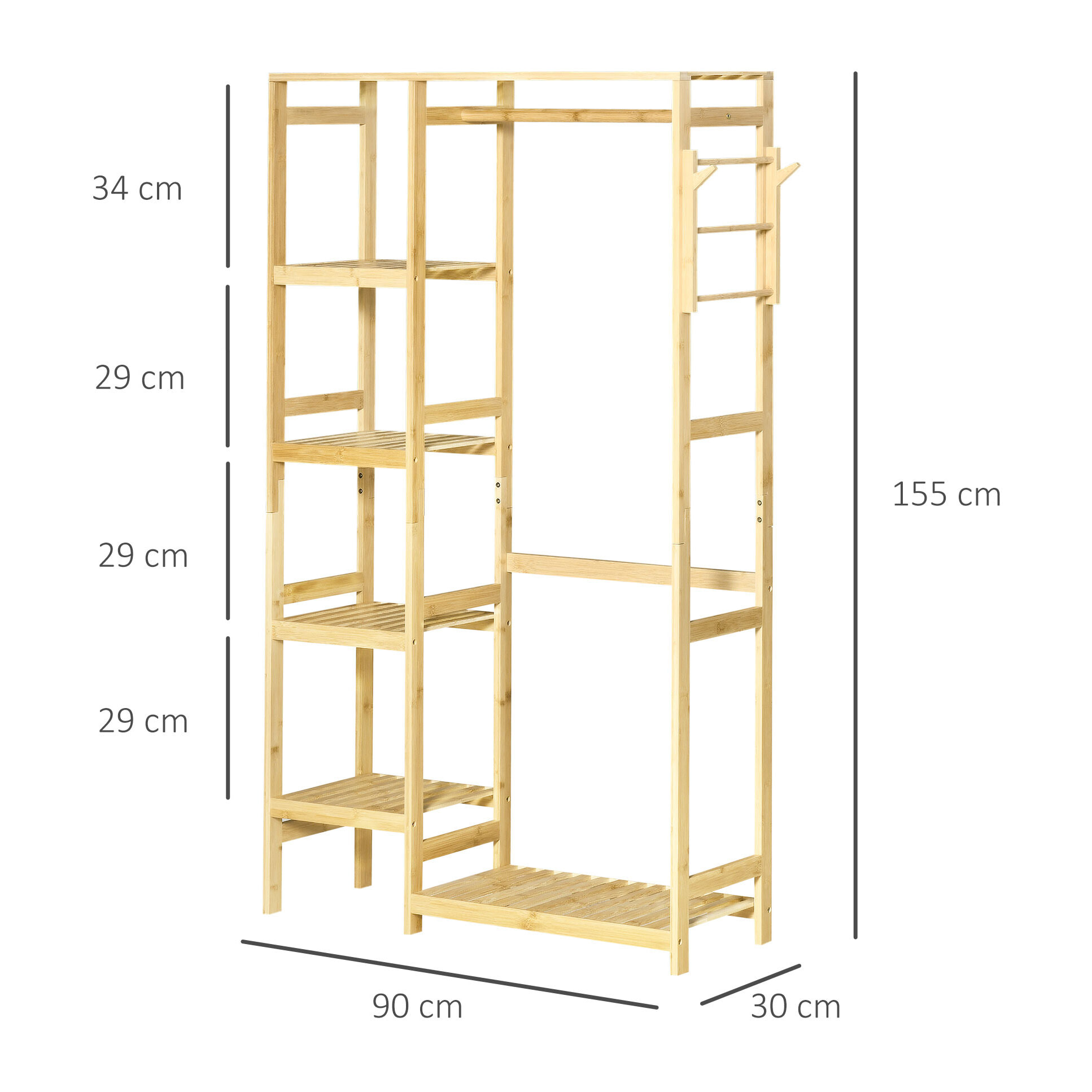 Perchero Burro de Bambú Perchero de Pie con Estantería de 4 Niveles con Barra Estante Inferior y Colgador Lateral para Ropa Bolsas Dormitorio 90x30x155 cm Natural