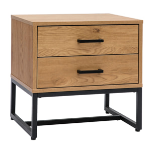Table de chevet avec rangements 2 tiroirs finition bois clair chêne et métal noir LOVATO