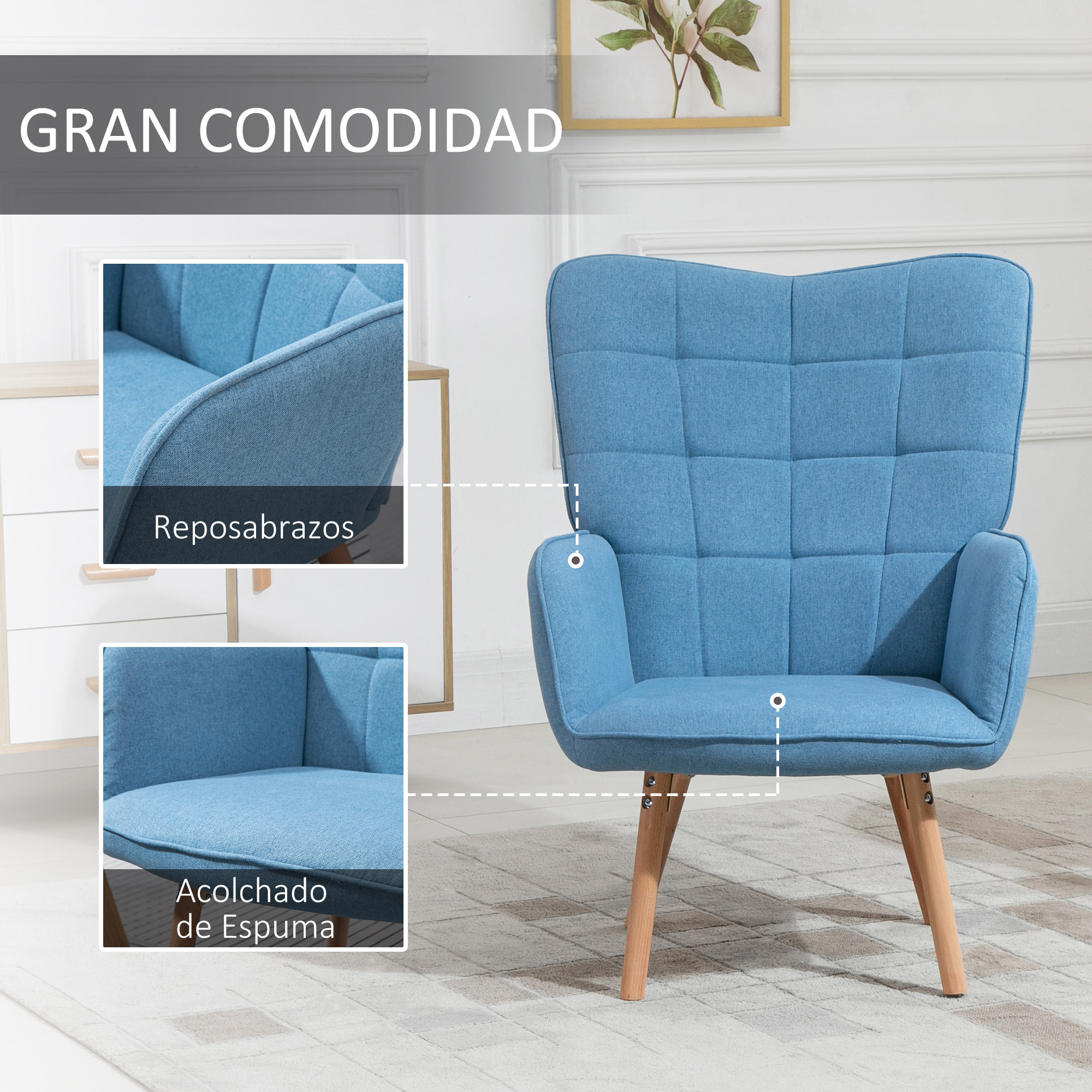 Butaca de Salón Moderna Sillón con Respaldo Alto Reposabrazos Tela de Lino y Patas de Madera de Haya para Comedor Cocina 71x76x101 cm Azul