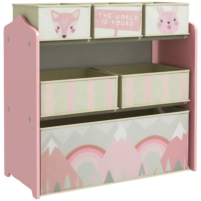 Étagère de rangement enfant design mountain adventure - 6 tiroirs - MDF tissu non tissé - rose