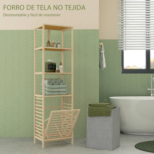 Estantería de Baño de Bambú Estantería de Almacenaje Mueble de Baño con 3 Estantes y 1 Cesto para Ropa Sucia Desmontable 44x33x160 cm Natural