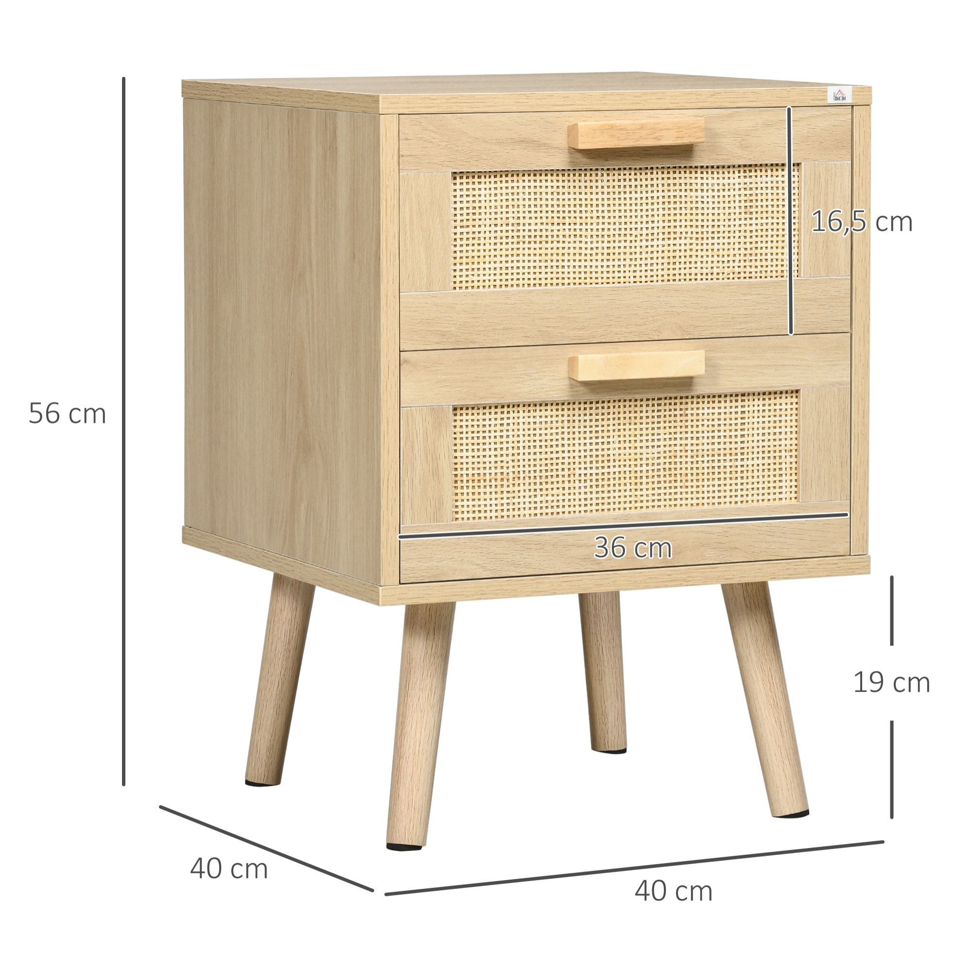 Conjunto de 2 Mesitas de Noche de Bohemio Mesillas de Noche con Cajones de Rejilla de Mimbre y Patas de Madera para Salón Dormitorio 40x40x56 cm Natural