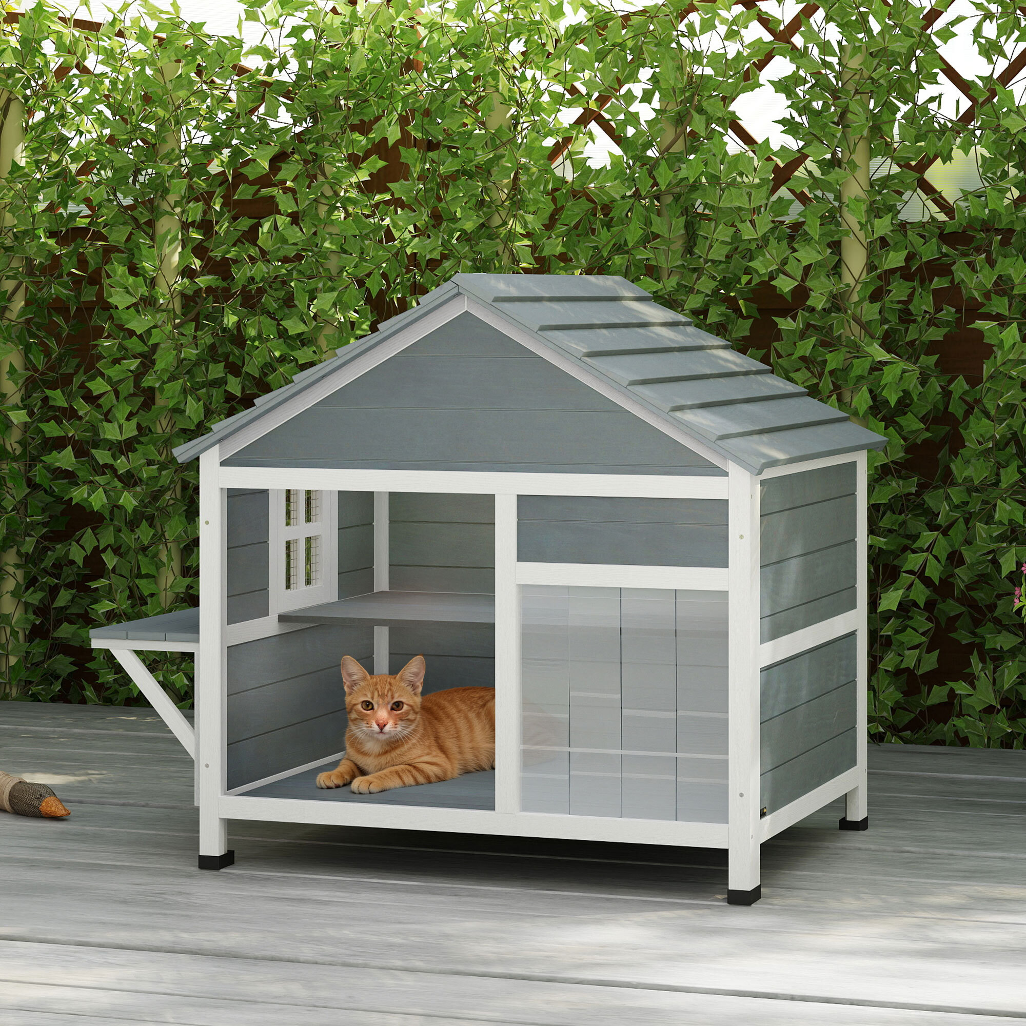 Niche maison pour chat bois - fenêtre verrouillable, étagères, portes, toit ouvrant - blanc gris