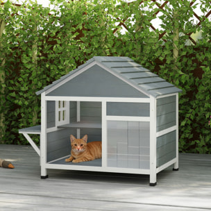 Niche maison pour chat bois - fenêtre verrouillable, étagères, portes, toit ouvrant - blanc gris