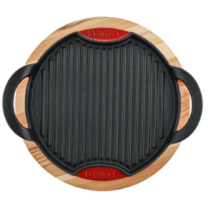 Grill rond en fonte rouge  avec support en bois