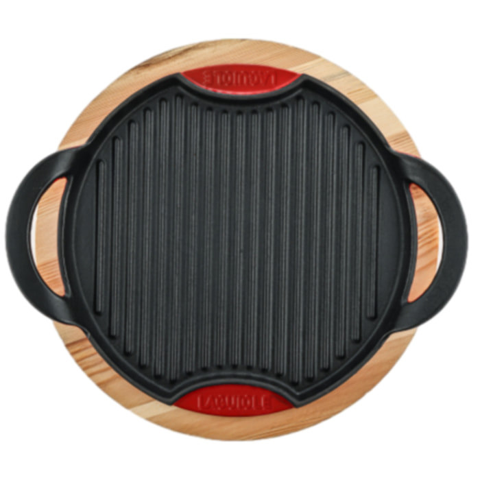 Grill rond en fonte rouge  avec support en bois