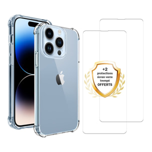 Coque iPhone 14 Pro Antichoc Silicone bords renforcés + 2 Vitres en verre trempé Protection écran