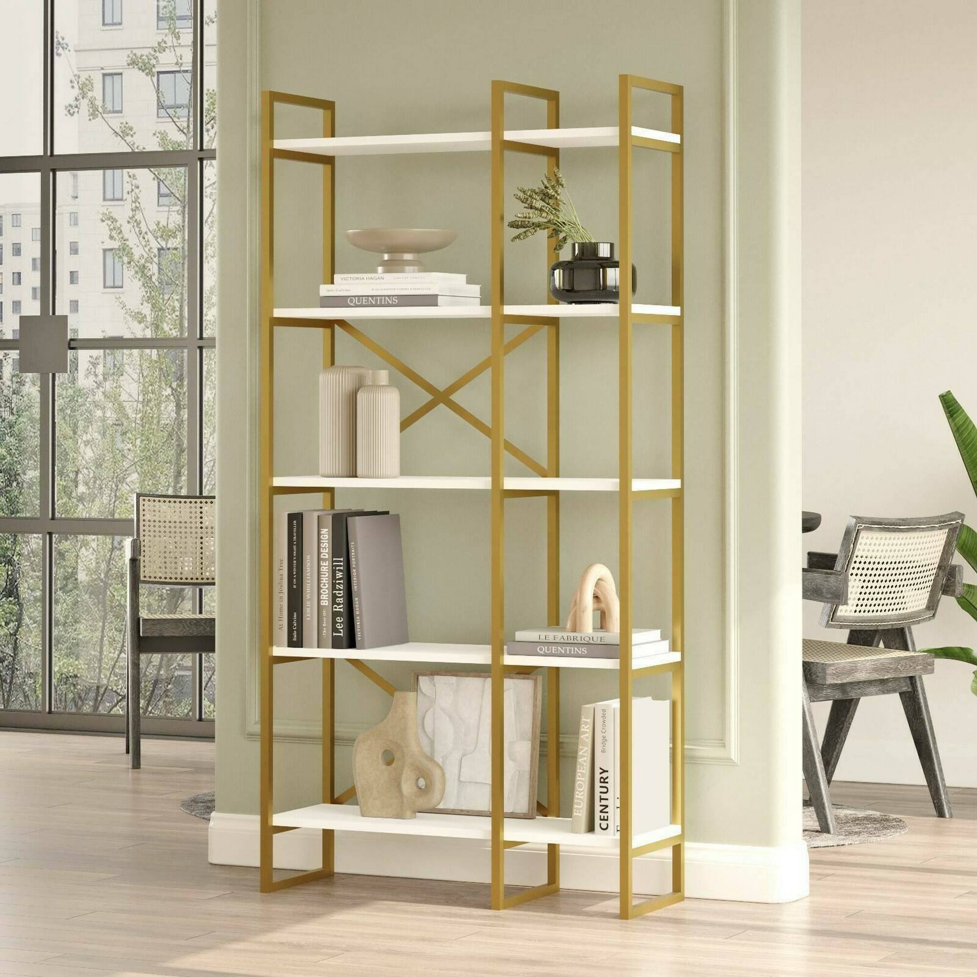 Libreria Dfiorind, Scaffale da ufficio, Mobile portalibri, Biblioteca, 88x30h175 cm, Bianco e Oro