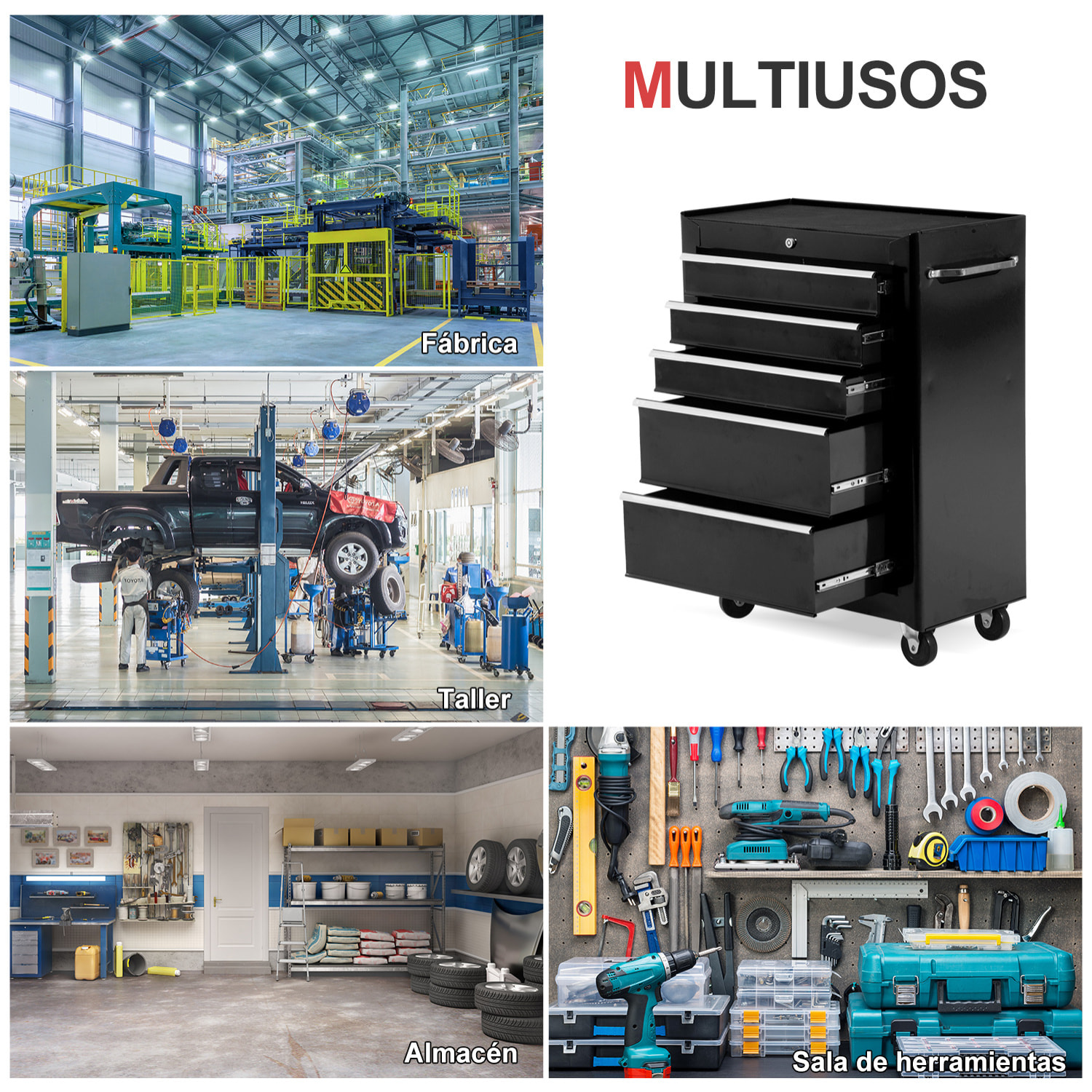 Carro Caja de Herramientas Taller Movil 5 Cajones 4 Ruedas Cerradura Color Negro