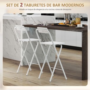 Juego de 2 Taburetes de Bar Plegables Taburetes Altos de Cocina con Respaldo Reposapiés y Marco de Acero para Comedor Mostrador Blanco