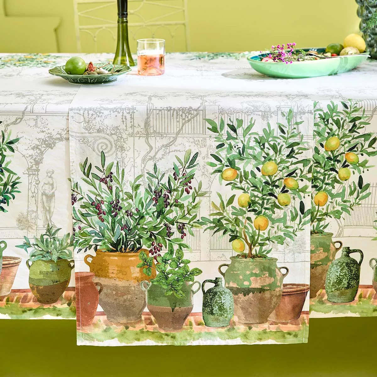 Chemin de table lin & coton lavé 190 g/m² imprimé vert marron Jardin provencal olive