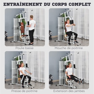 Station de musculation - entrainement complet - développé couché, butterfly, barre latissimus, curler, bande résistance - 10 contrepoids - acier blanc