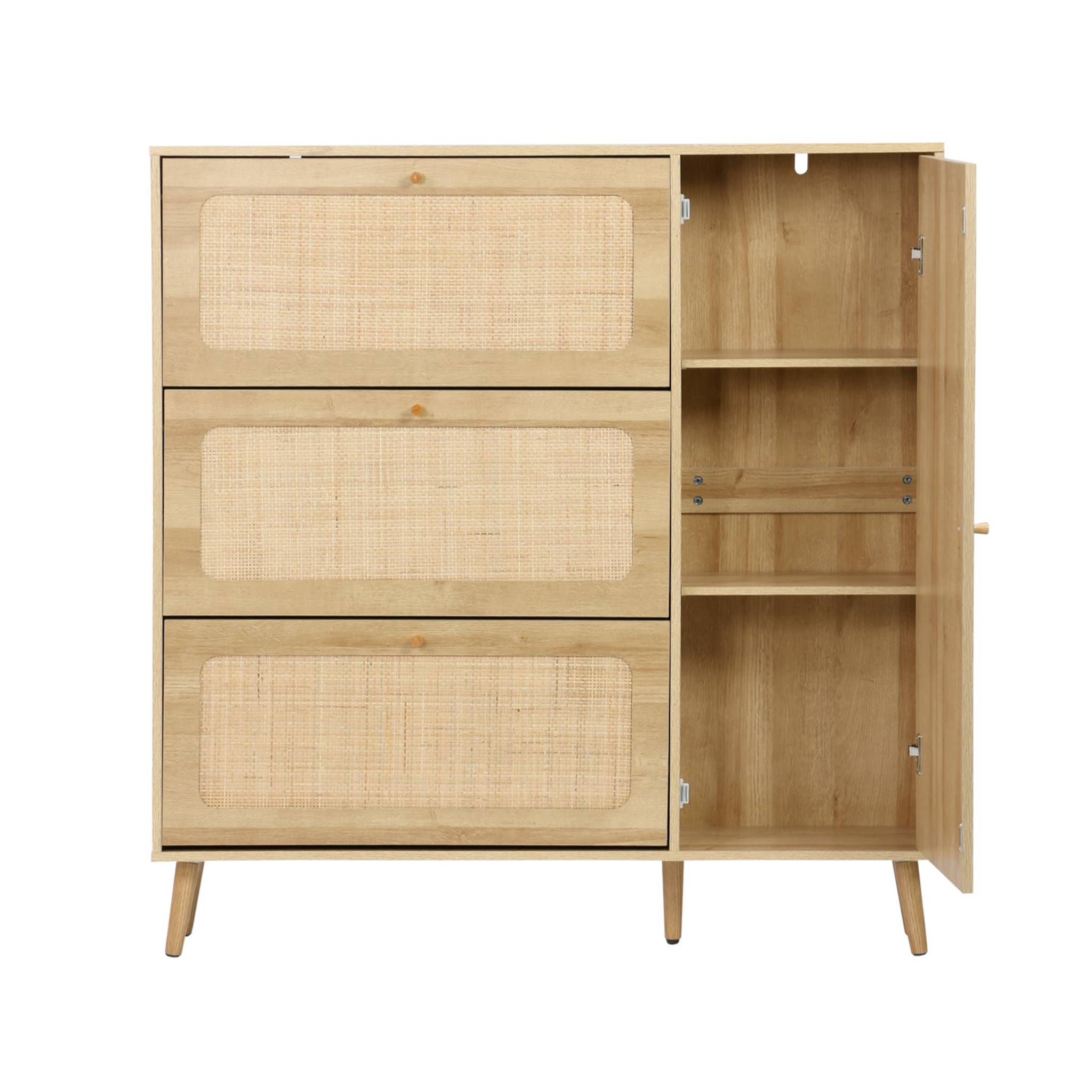 Meuble à chaussure cannage Bohème naturel. 3 tiroirs. 1 porte. 21 paires. 120 x 24 x 125 cm