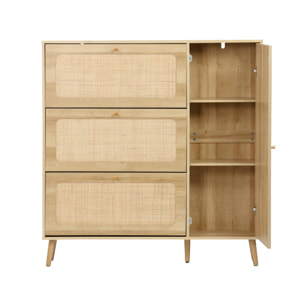Meuble à chaussure cannage Bohème naturel. 3 tiroirs. 1 porte. 21 paires. 120 x 24 x 125 cm