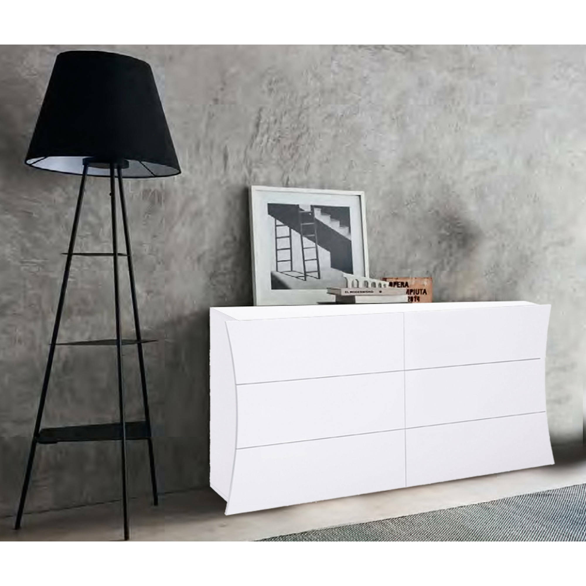 Comò geometrico moderno, Made in Italy, Mobiletto per Soggiorno e Camera, Credenza 6 cassetti, cm 155x40h82, colore Bianco lucido