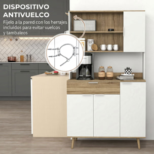 Alacena de Cocina Alta, Mueble Auxiliar de Cocina con 4 Puertas, Estantes Ajustables, Cajón, Compartimentos Abiertos, 98x39x180 cm, Blanco y Natural