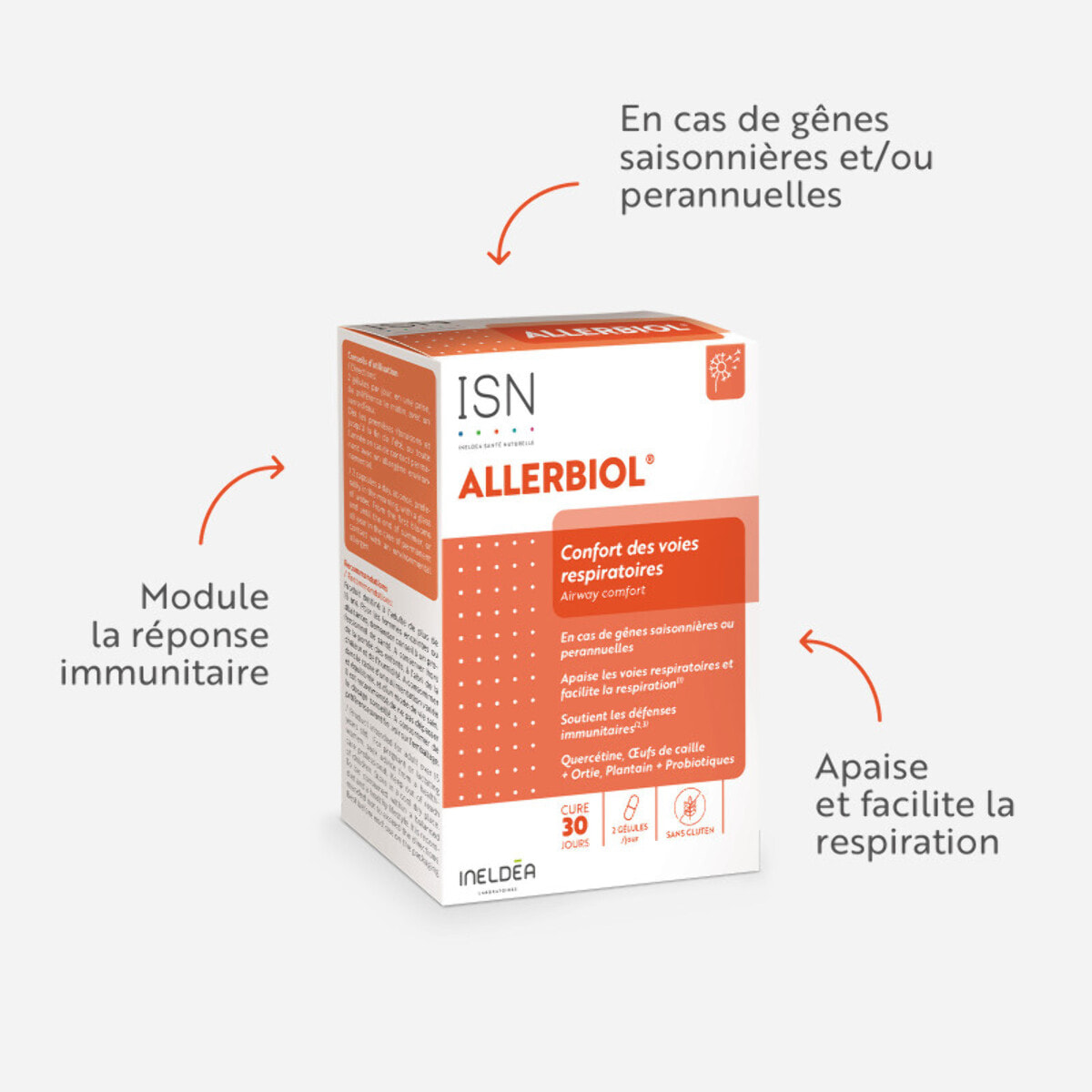 ISN - Allerbiol - Complément alimentaire - Aide à préserver le confort respiratoire et à faciliter la respiration en cas de gênes saisonnières ou perannuelles - Cure 30 jours
