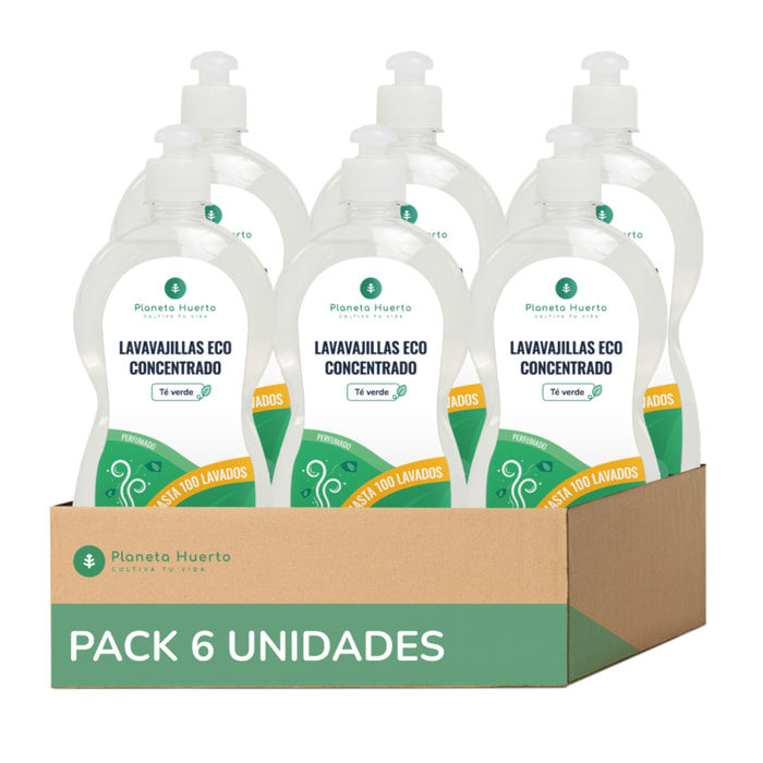 PLANETA HUERTO | Pack 6x Lavavajillas Manual Té Verde ECO 750 ml | Detergente Ecológico y Concentrado con Ingredientes Naturales