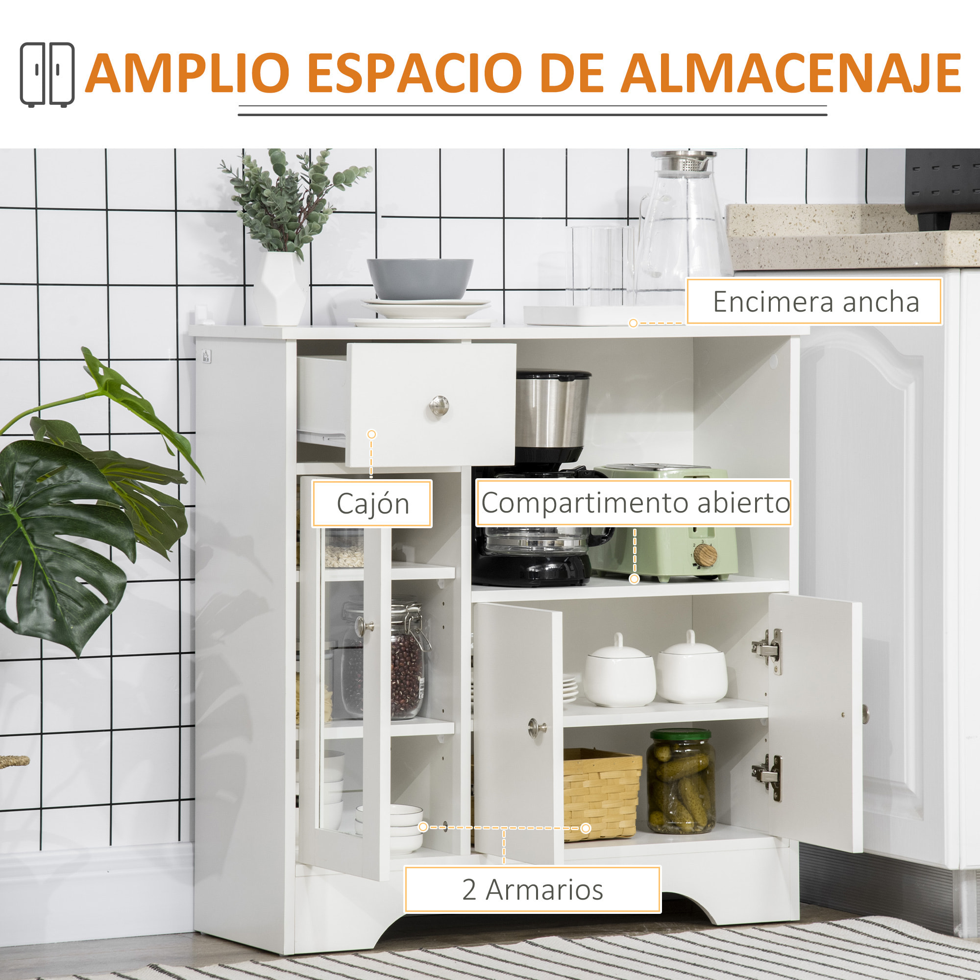 HOMCOM Aparador de Cocina Moderno con Puerta de Vidrio Cajón Estante Abierto y Baldas Ajustables Mueble Auxiliar de Almacenaje para Comedor Salón 80x30x82 cm Blanco