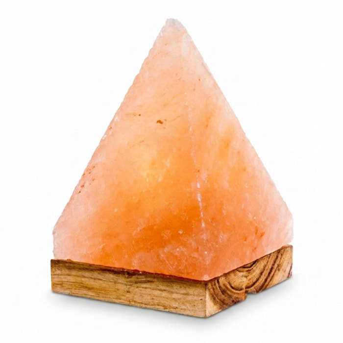Lampada di sale himalayano piramide 13x20 cm, lampada sale rosa naturale con base in legno acacia, luce calda rilassante decorativa, ideale per camera salotto meditazione e idea regalo benessere