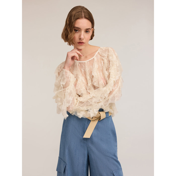 Motivi - Blusa de manga larga de encaje con volantes - Blanco