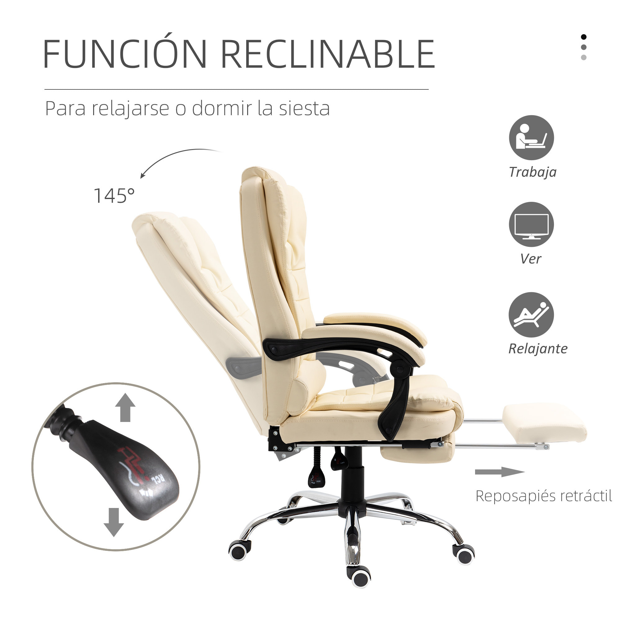 Silla de Oficina Reclinable Silla de Escritorio con Reposapiés Silla Ejecutiva Giratoria con Altura Ajustable Tapizada en PU y Reposabrazos para Estudio Crema