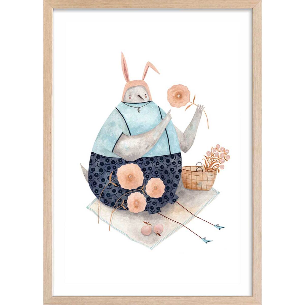 Affiche enfant pigeon aux fleurs  Affiche + cadre en bois - Chêne