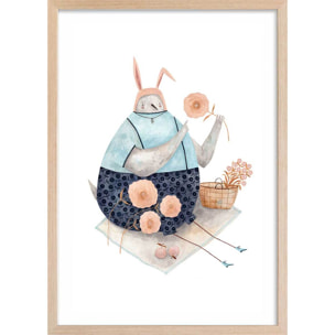 Affiche enfant pigeon aux fleurs  Affiche + cadre en bois - Chêne